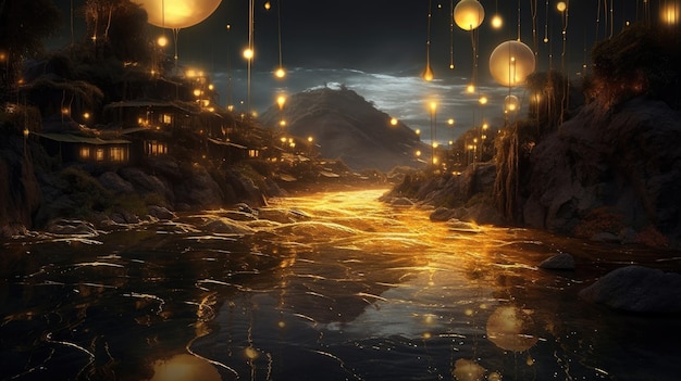 Un dipinto di lanterne che galleggiano nell'acqua