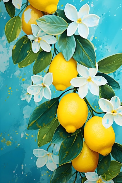 un dipinto di limoni e fiori su sfondo blu Dipinto ad acquerello di un fiore color limone