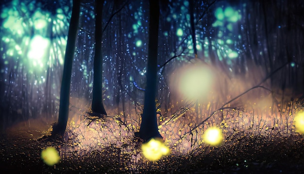 Un dipinto di lucciole in una foresta