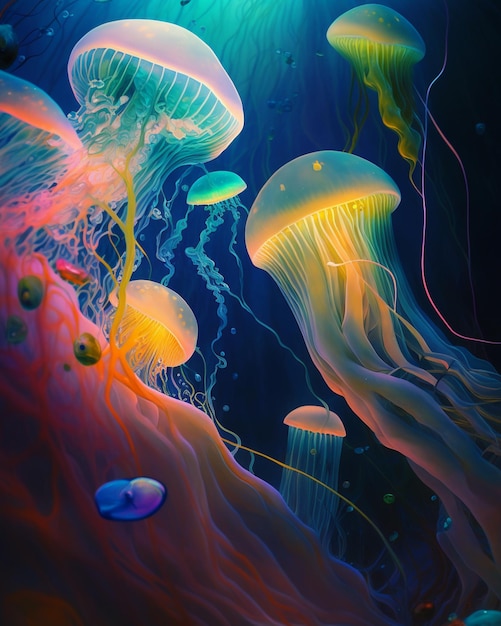 Un dipinto di medusa con uno sfondo blu