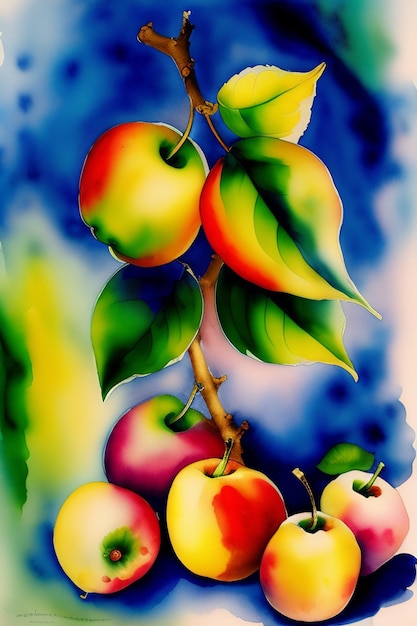 Un dipinto di mele su un ramo con uno sfondo blu.