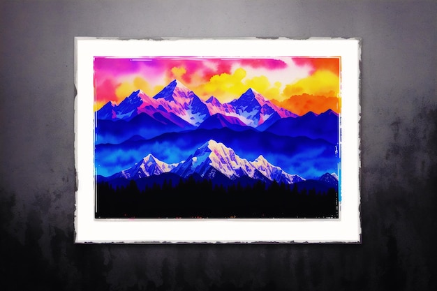 Un dipinto di montagne con il sole che splende su di esso