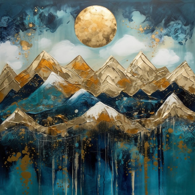 Un dipinto di montagne con la luna sullo sfondo