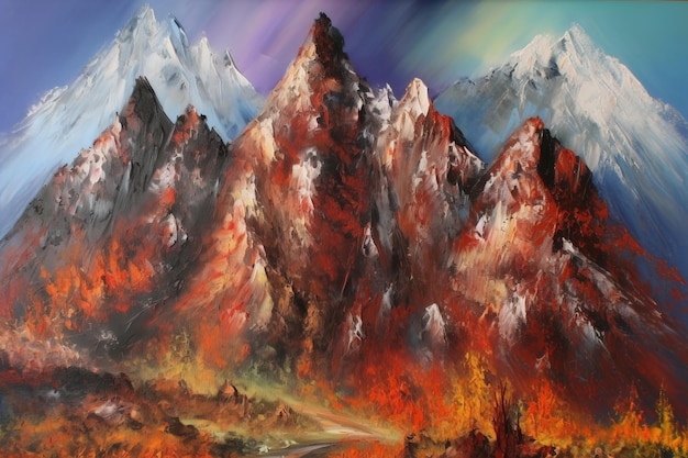 Un dipinto di montagne con sopra la parola fuoco