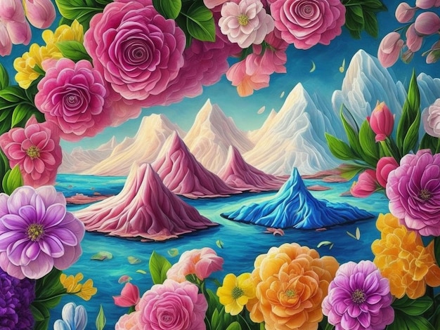 Un dipinto di montagne e fiori con le montagne sullo sfondo.
