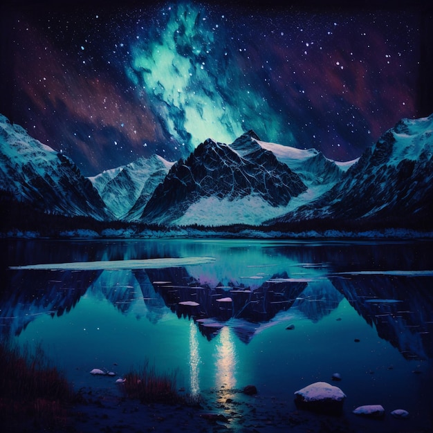 Un dipinto di montagne e un cielo stellato con sopra la parola aurora