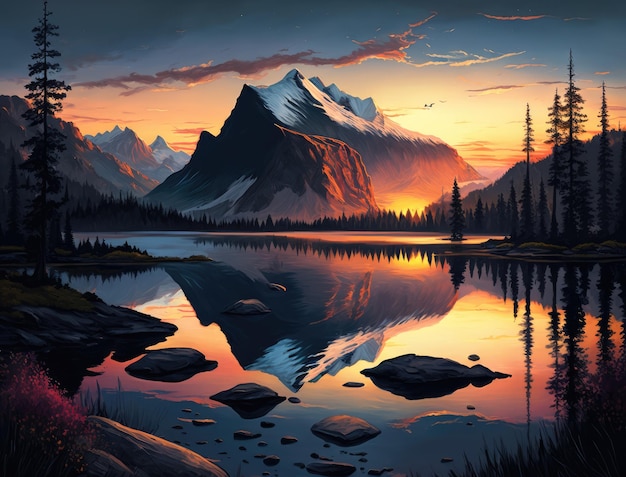 Un dipinto di montagne e un lago con un tramonto generativo ai