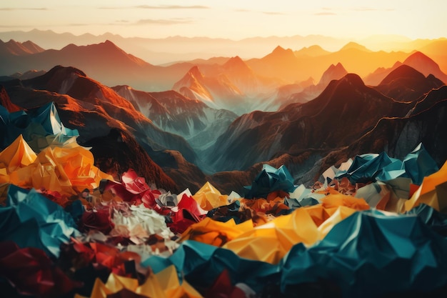 Un dipinto di montagne e una montagna con sacchetti di carta colorati.