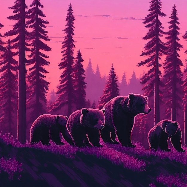 un dipinto di orsi in una foresta con un cielo rosa sullo sfondo