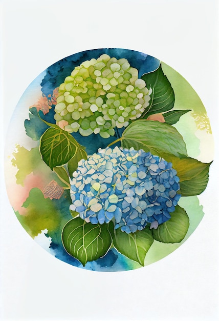 Un dipinto di ortensie con foglie verdi e fiori blu.