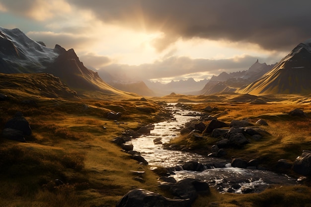 Un dipinto di paesaggio di un fiume e montagne con un tramonto sullo sfondo.