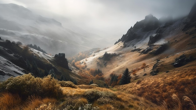 Un dipinto di paesaggio di una catena montuosa con una montagna sullo sfondo.