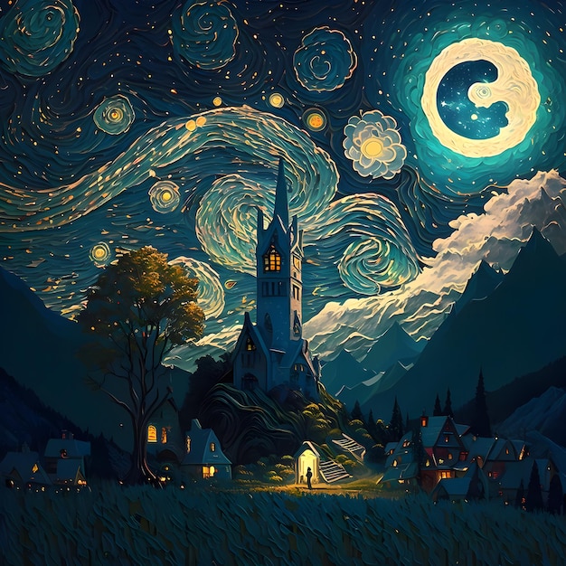 Un dipinto di paesaggio quasi stellato fantasy con post impressionismo in stile van gogh