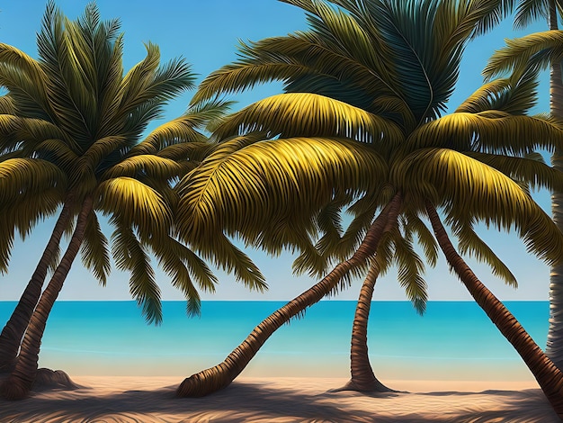 Un dipinto di palme su una spiaggia con il sole che splende su di loro.