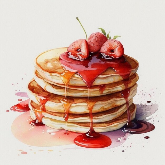 Un dipinto di pancake con fragole e sciroppo sopra.