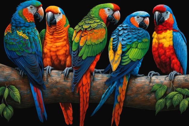 Un dipinto di pappagalli su un ramo con sopra la parola pappagallo.