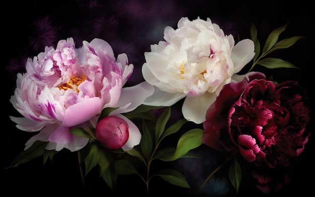 Un dipinto di peonie con fiori rosa e bianchi