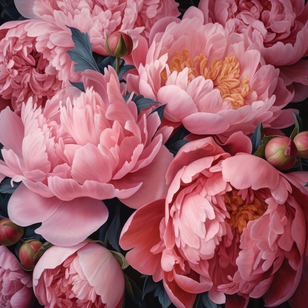 Un dipinto di peonie con sopra una foglia verde