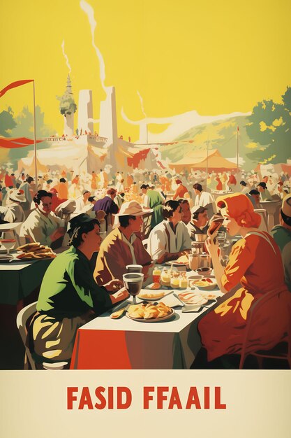un dipinto di persone che mangiano in un ristorante con un tetto rosso sullo sfondo