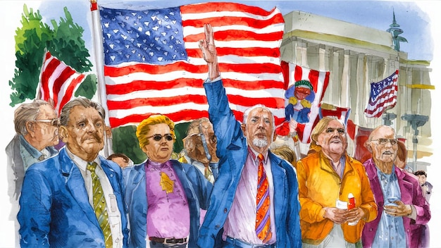 un dipinto di persone che tengono in alto una bandiera che dice " Stati Uniti "