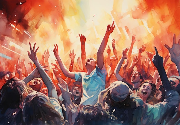 un dipinto di persone con le dita alzate davanti a una folla