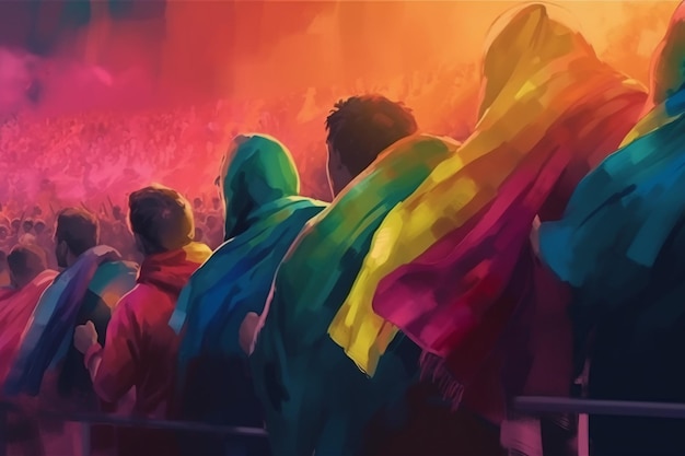Un dipinto di persone in panni colorati che guardano un concerto.