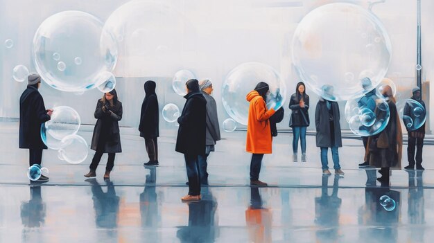 Un dipinto di persone in piedi davanti a una grande bolla.