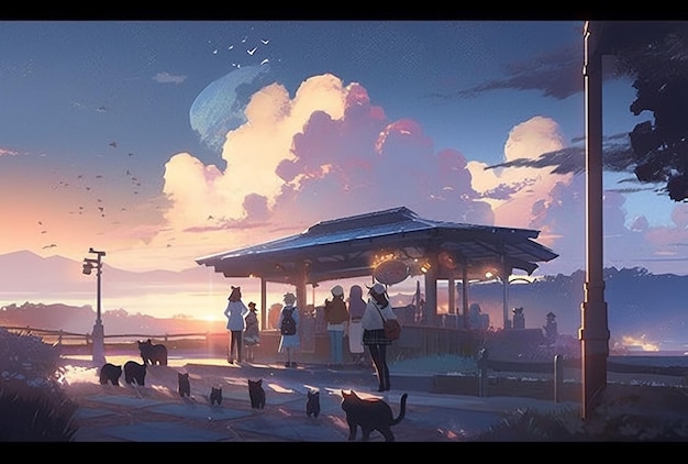 Un dipinto di persone in un gazebo con sfondo cielo e le parole "gatto" sul fondo.