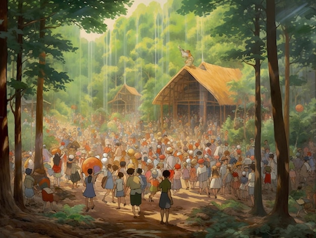 Un dipinto di persone in una foresta con un edificio sullo sfondo