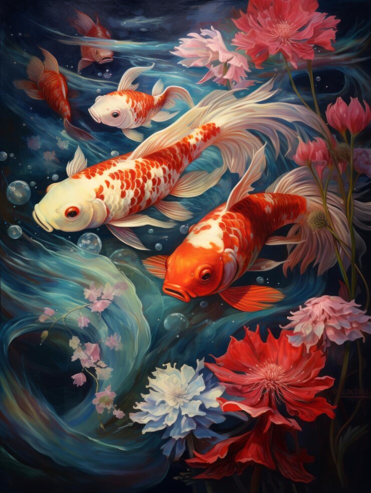 Un dipinto di pesci koi che nuotano in acqua.