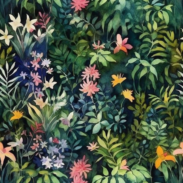 Un dipinto di piante tropicali con fiori e farfalle.