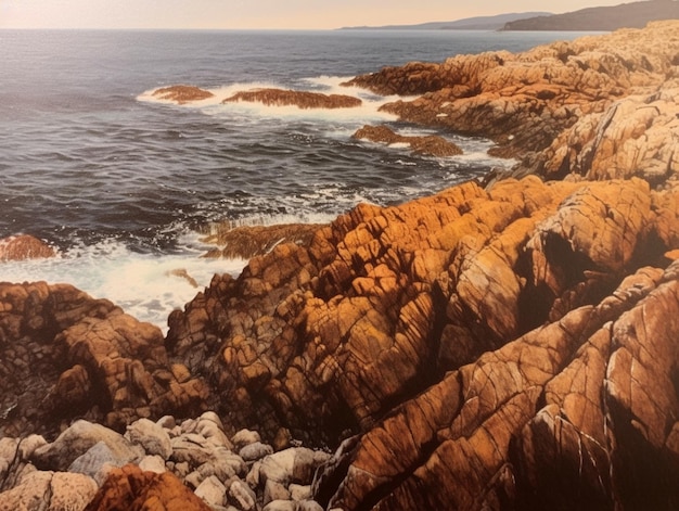 Un dipinto di rocce con l'oceano sullo sfondo.