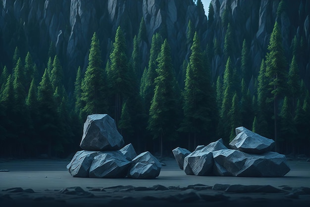 Un dipinto di rocce in una foresta con alberi a sinistra e una foresta a destra.