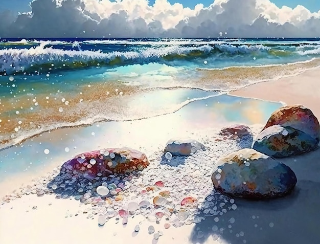 Un dipinto di rocce su una spiaggia con il sole che splende su di loro