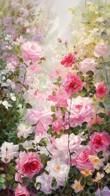 Un dipinto di rose rosa con foglie verdi
