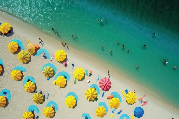 Un dipinto di sedie a sdraio e ombrelloni con sopra la parola spiaggia.