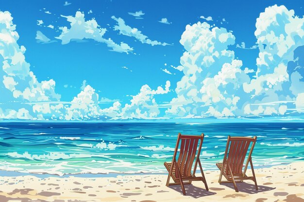un dipinto di sedie da spiaggia in un giorno di sole