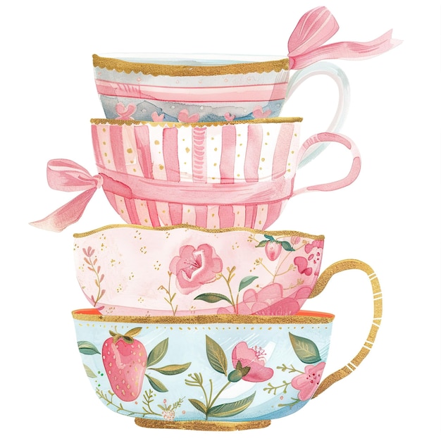un dipinto di tazze da tè con fiori e fiori su di loro