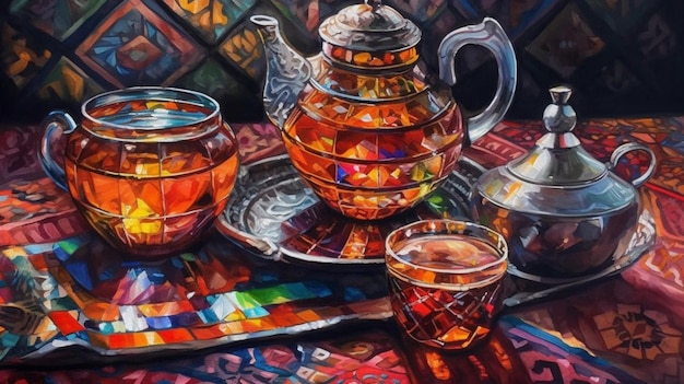 Un dipinto di teiere e tazze con un bicchiere di tè su un tavolo.