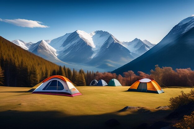 Un dipinto di tende in un campo con le montagne sullo sfondo.