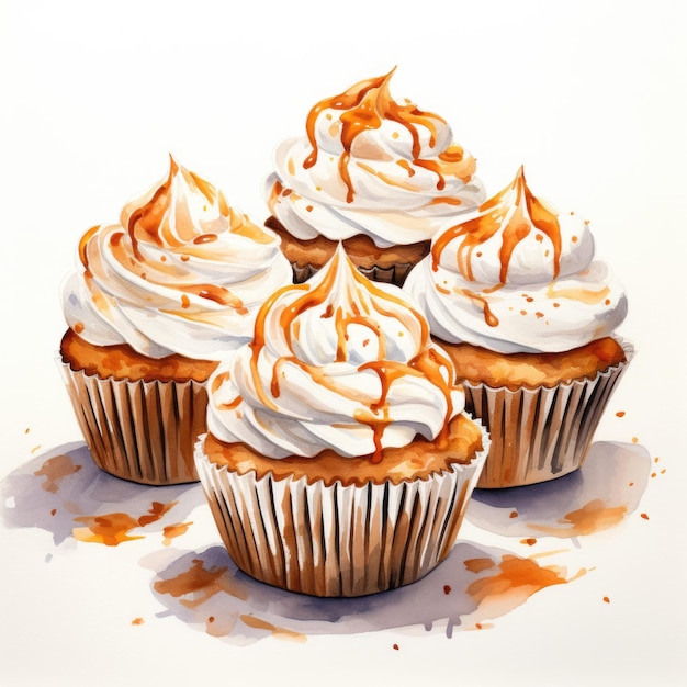 Un dipinto di tre cupcakes con glassa su di essi Immagine digitale Cupcakes alle spezie di zucca