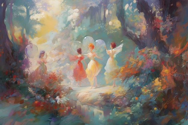 Un dipinto di tre donne che ballano in una foresta con una foresta sullo sfondo.