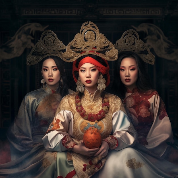 un dipinto di tre donne con un copricapo rosso e un copricapo rosso