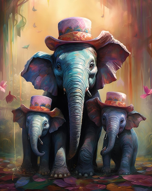 un dipinto di tre elefanti con cappelli in testa.