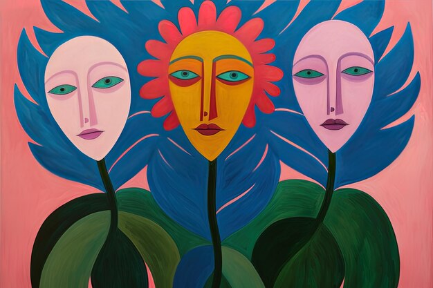 un dipinto di tre facce con foglie e un sole sullo sfondo