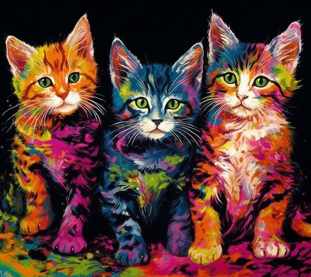 Un dipinto di tre gatti con colori diversi.