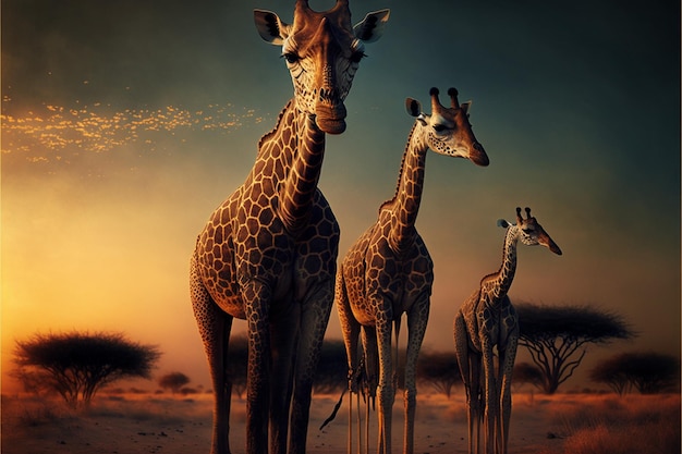 Un dipinto di tre giraffe con una di loro che guarda la telecamera.