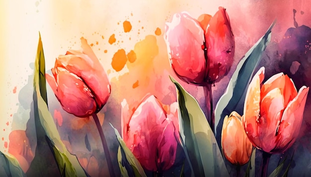 Un dipinto di tulipani con sfondo giallo e colori arancio e rosa.