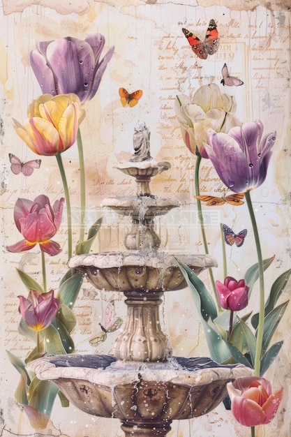 un dipinto di tulipani e una fontana con farfalle su di esso