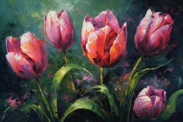 Un dipinto di tulipani in primavera.